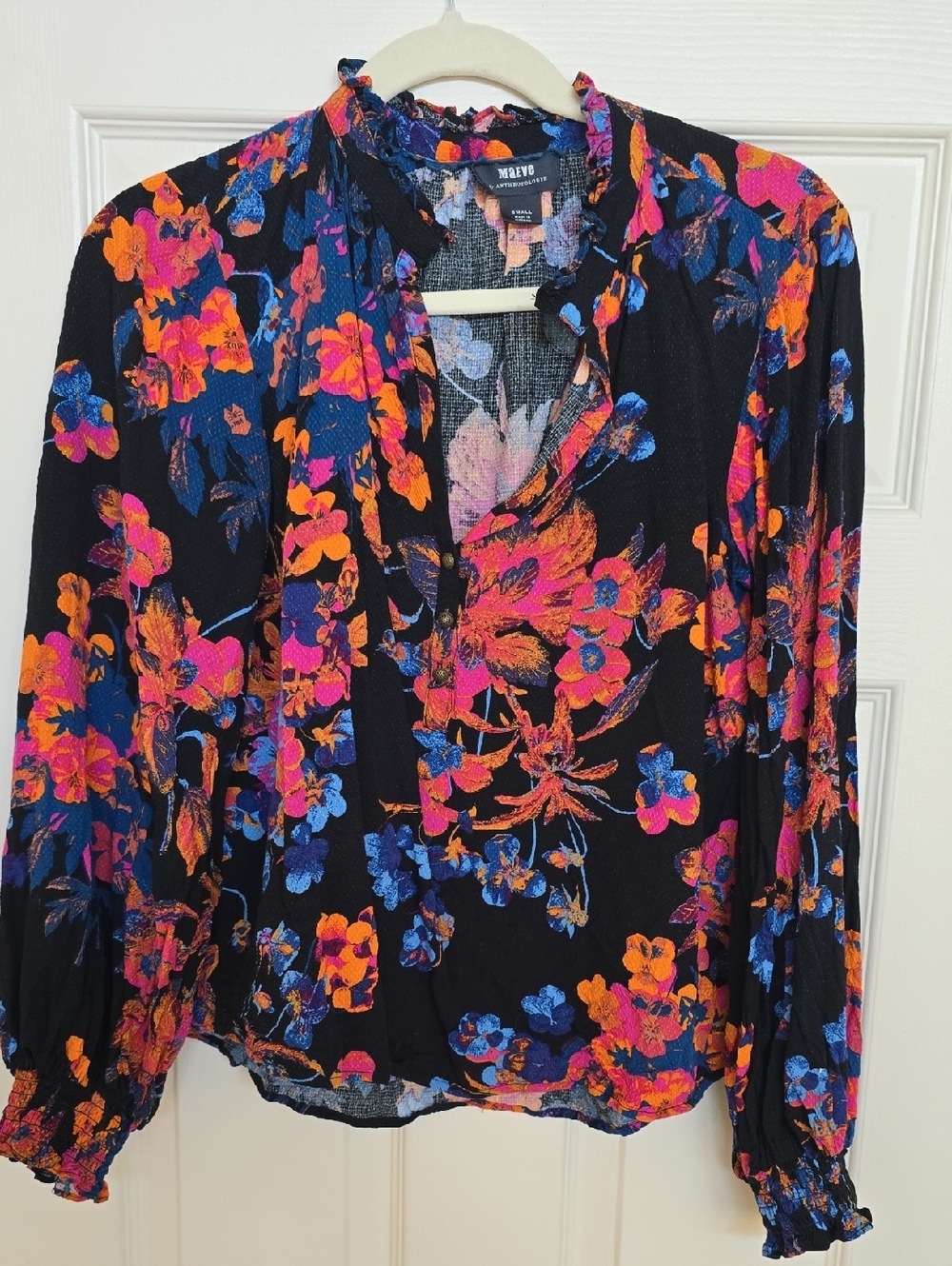 Maeve Black Floral Ruffled Neck Long-Sleeve Blouse